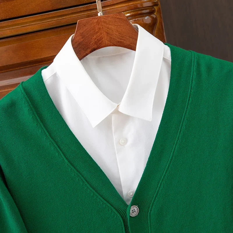 BROWON Brand Mens Sweater Cardigan Business Casual Classic V-neck Solid Color Cardigan Men Sweater Korean Fashion Mens Clothes