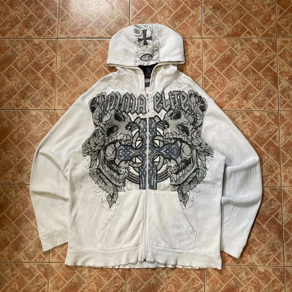 Korean Fashion Simple Gray Double-Sided Oversized Zipper Hoodie Women's Y2K New Harajuku Gothic Casual Joker Couple Street Wear