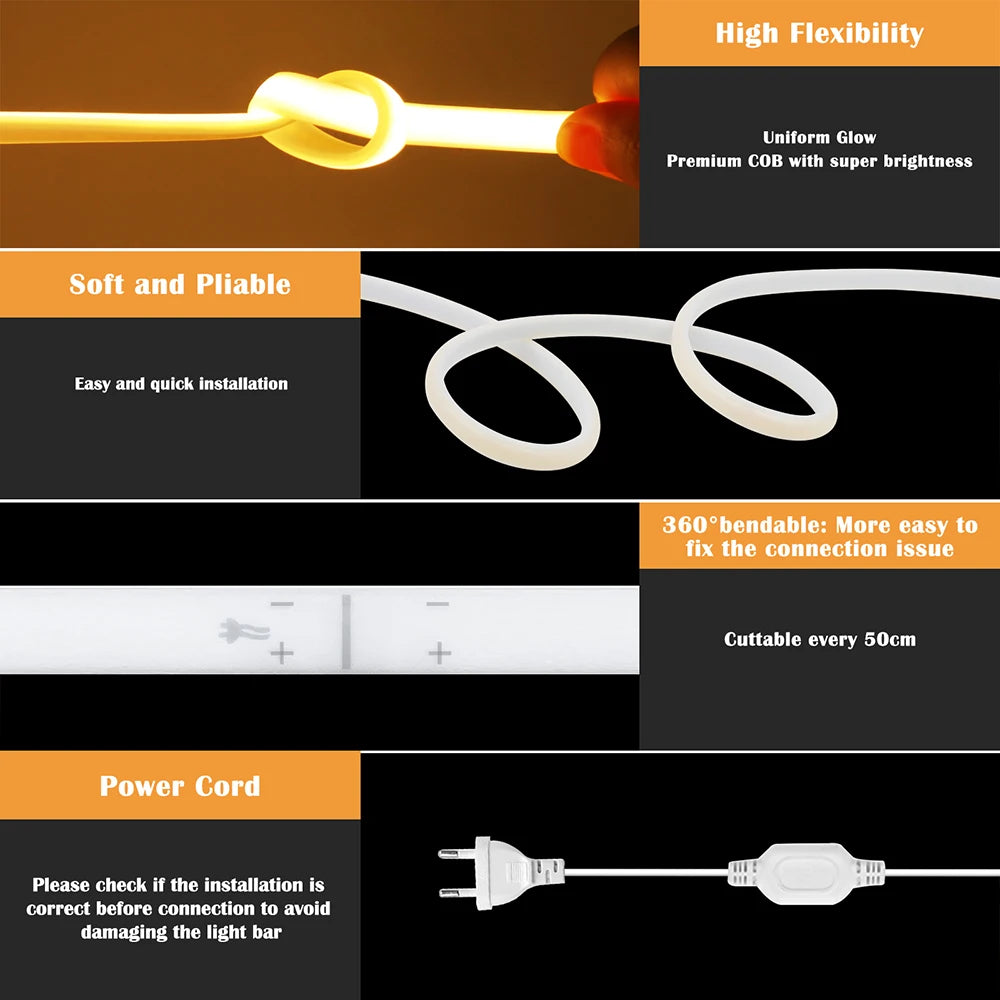 Flexible Cob Neon Led Strip Light 220v with Dimmer Switch Power Kit 288LEDs Warm/Natural White 0.5m 1m 2m 5m 10m Linear Lighting