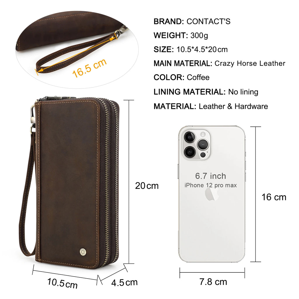 Contact'S Genuine Leather Men's Wallet Clutch Bag Card Holder Long Wallets Double Zipper Large Capacity Vintage Male Purses