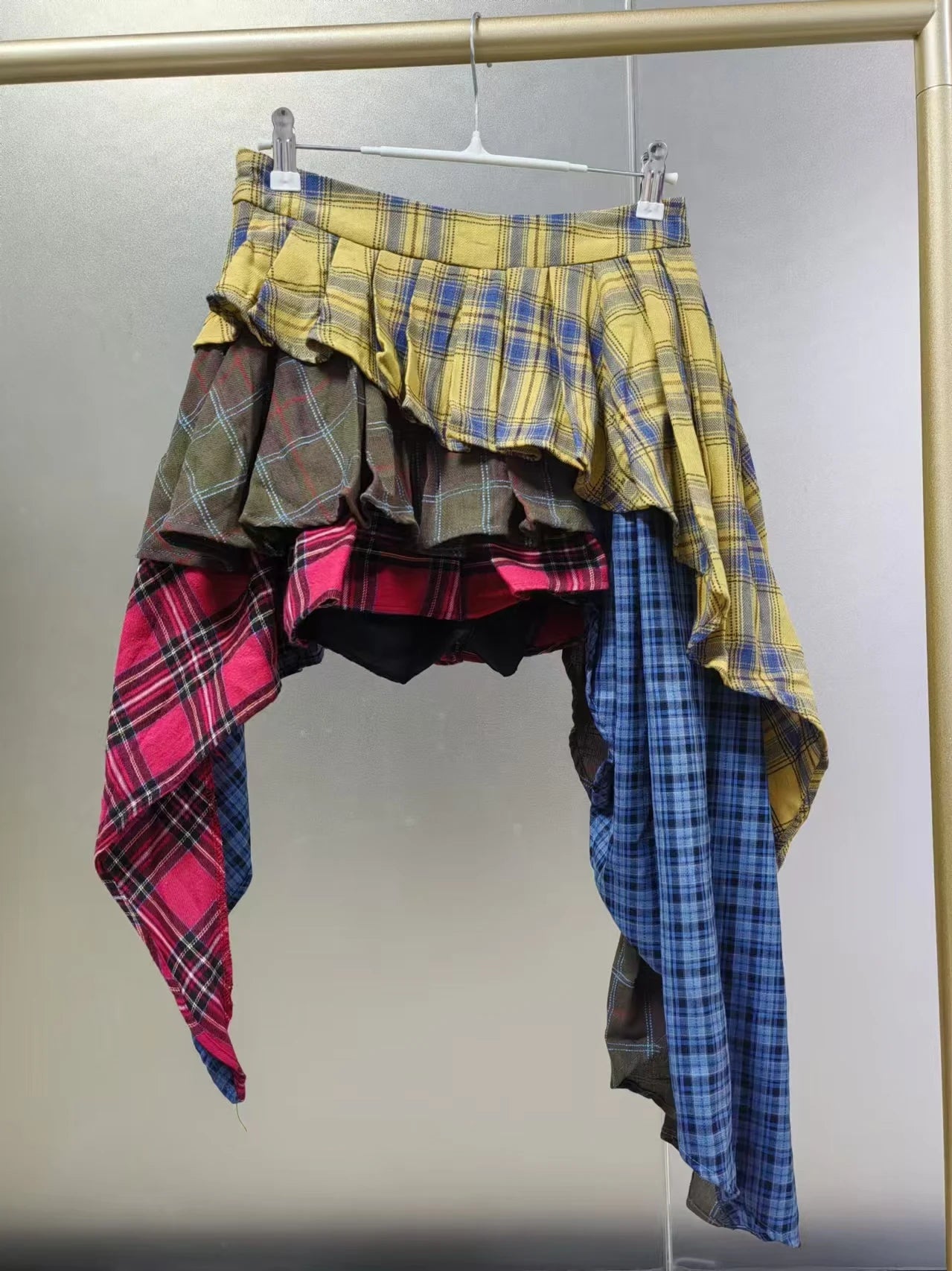 Real Photo Autumn Trend New Fashion Cotton Plaid Patchwork Irregular Skirt High Waist Pants Skirt Women's Streetwear Y2K Skirt