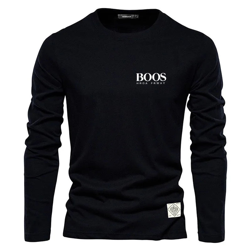 Embroidered 100% Pure Cotton Round Neck Long Sleeved Leisure Sports T-shirt for Men's High-quality Casual Outdoor Sports
