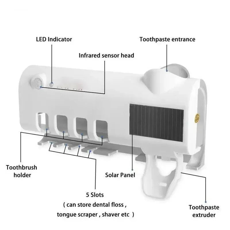 A wall mounted solar ultraviolet toothbrush sterilizer, with Automatic Toothpaste Dispenser&Squeezing Kit & bathroom accessories