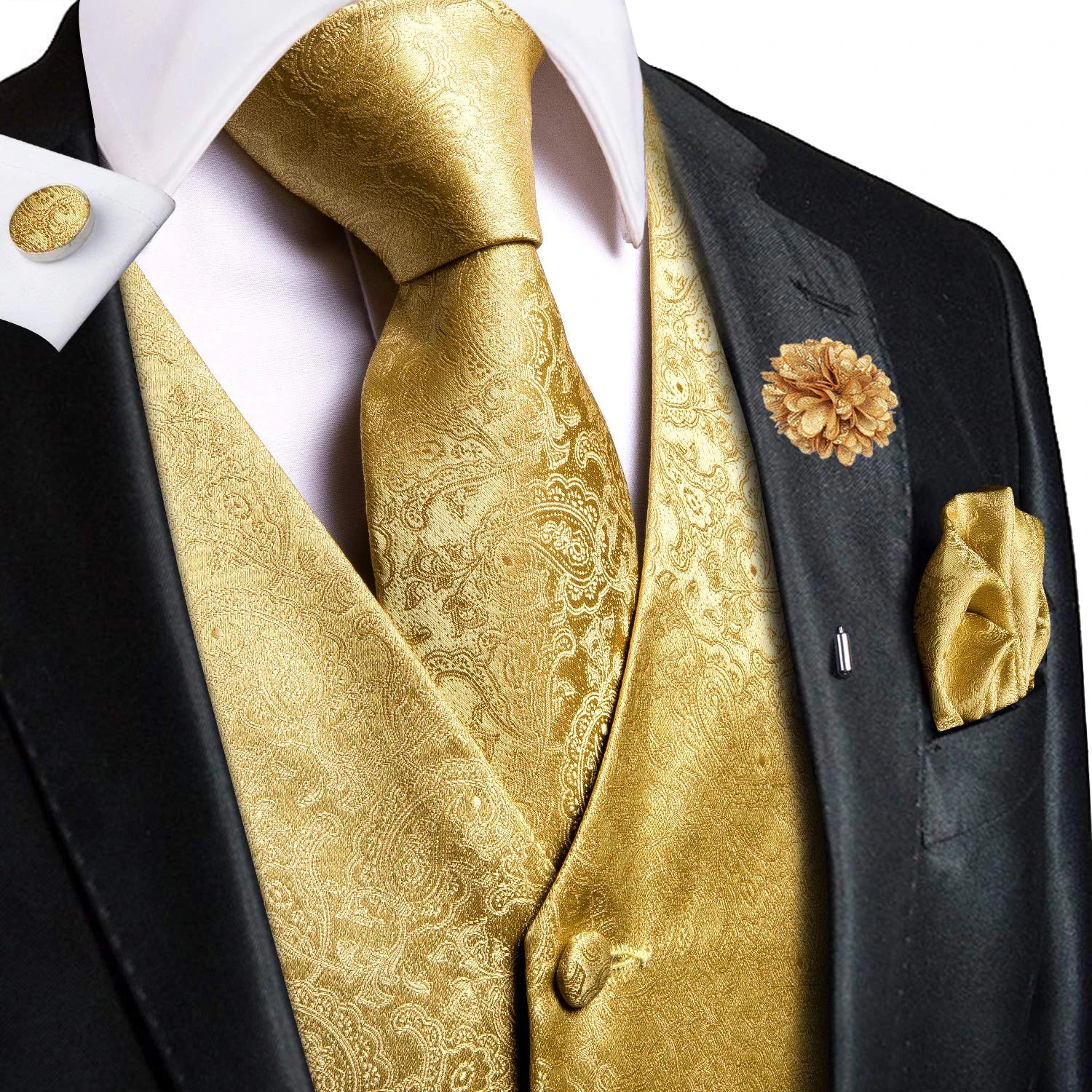 Hi-Tie High Quality Silk Mens Vests Champagne Paisley Waistcoat Neck Tie Hanky Cufflinks Brooch Set for Men Suit Wedding Office
