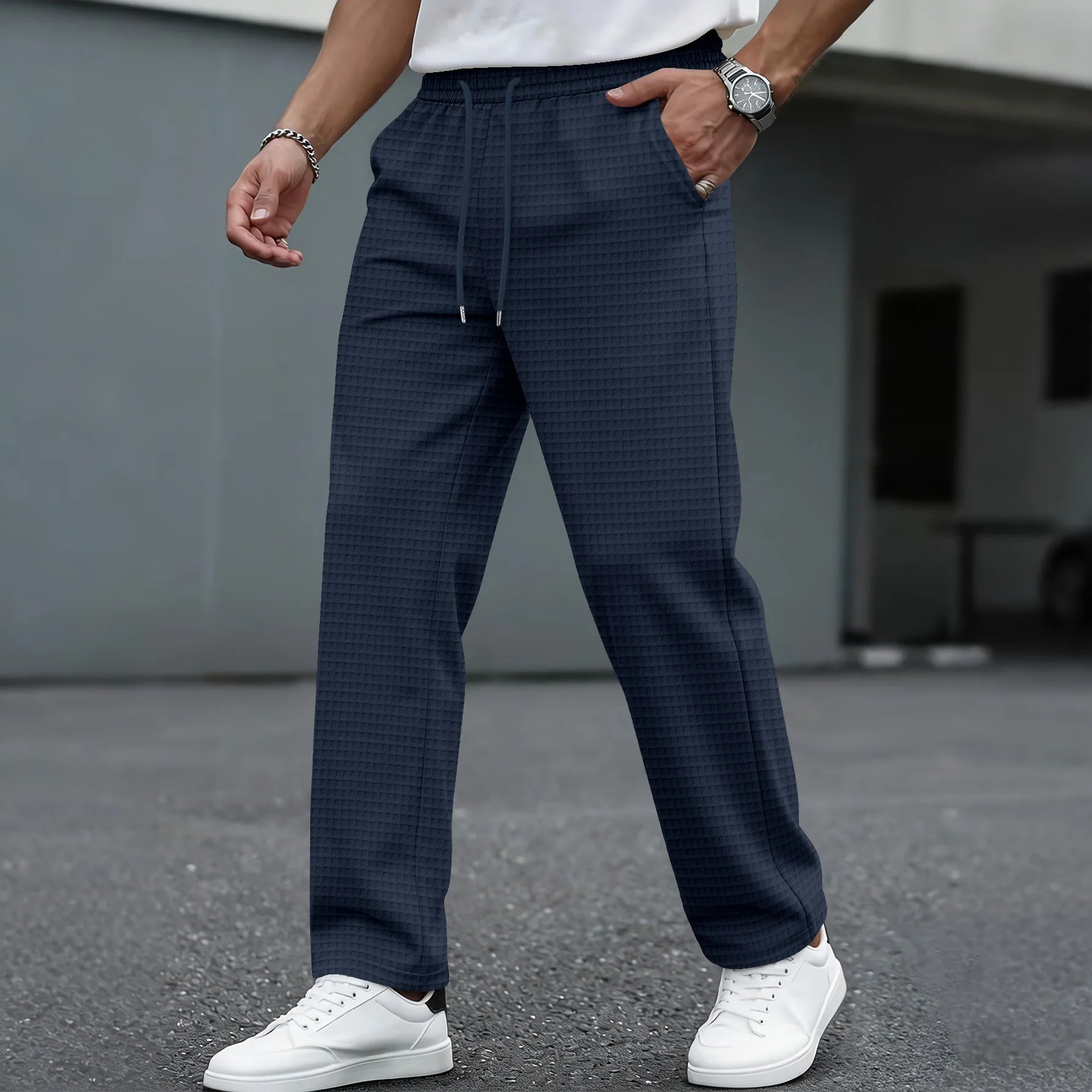 Men's Waffle Knit Casual Pants, with Elastic Waist Design, Straight-Leg Fit, Suitable for Daily Wear, for Street Style Outfits.