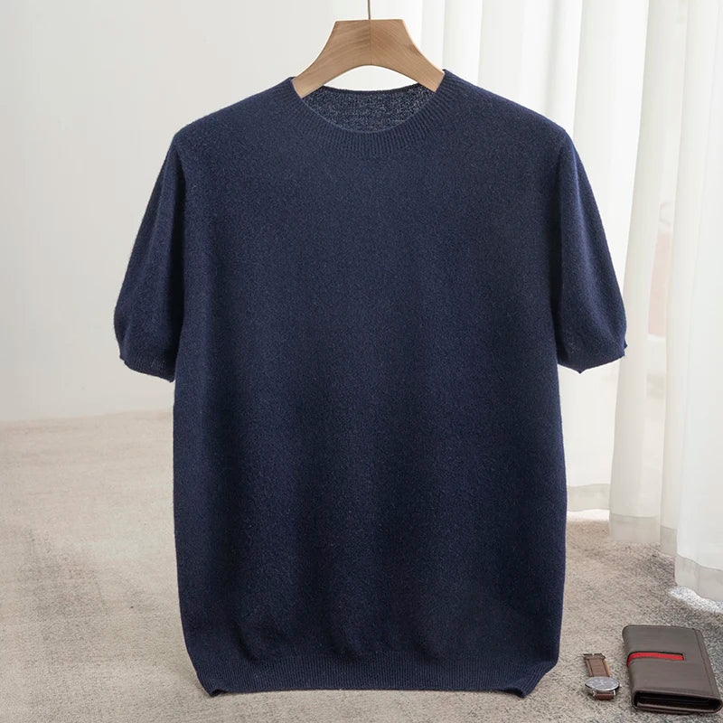 New Summer Autumn Men's 100% Merino Wool Pullover O-Neck Short Sleeve Jumper Cashmere Sweater Soft Casual Tops T Shirt