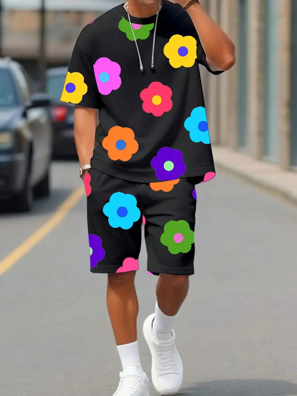Summer 2025 new men's set with colorful flower prints, casual set with round neck, short sleeve T-shirt and shorts, summer outdo