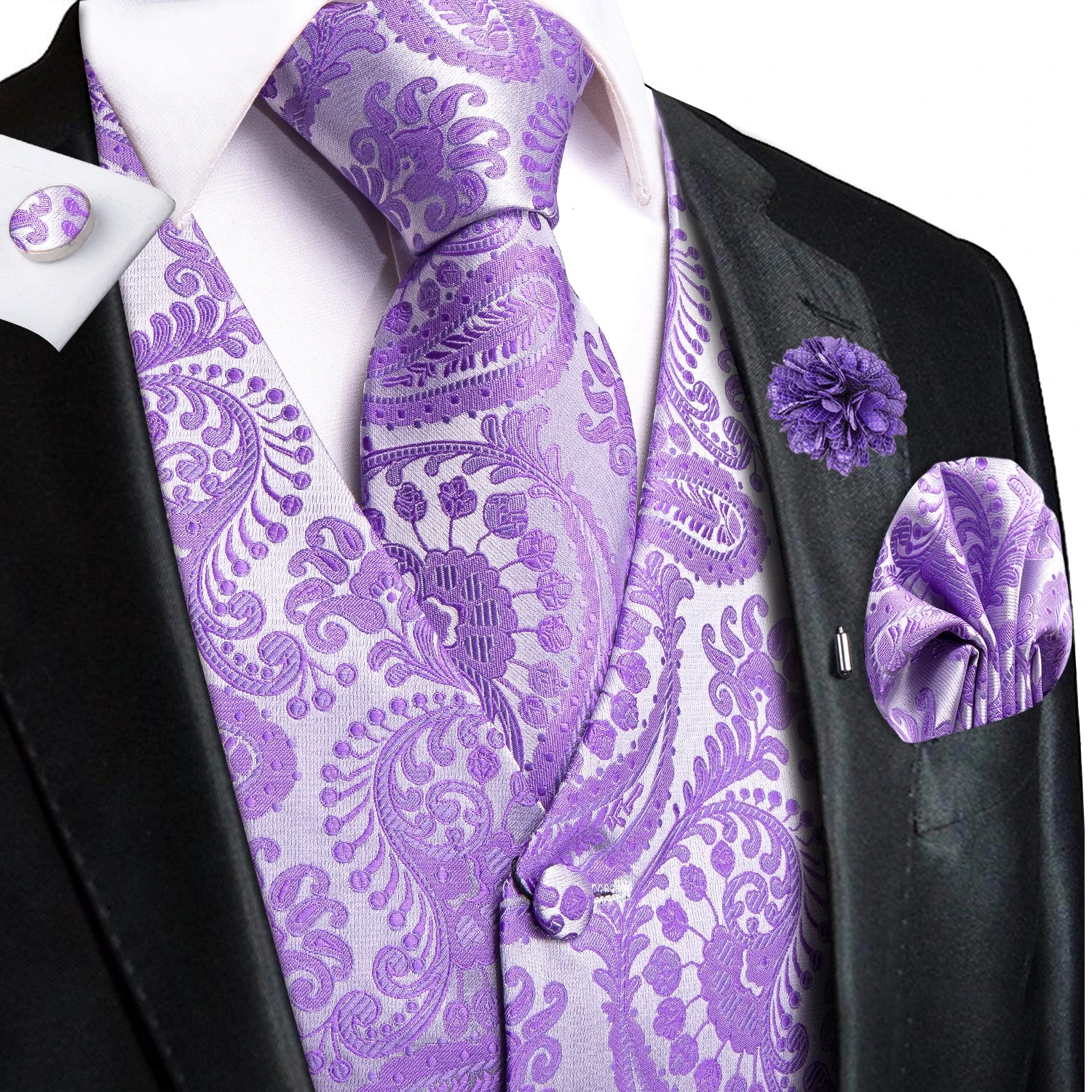 Hi-Tie High Quality Silk Mens Vests Champagne Paisley Waistcoat Neck Tie Hanky Cufflinks Brooch Set for Men Suit Wedding Office