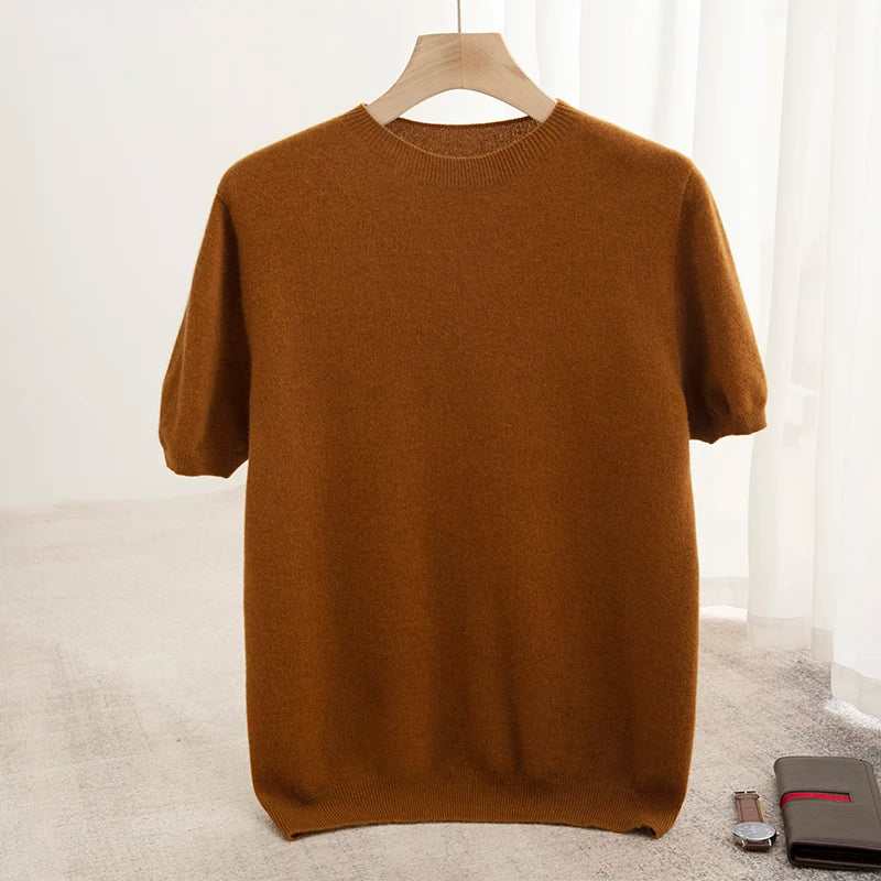 New Summer Autumn Men's 100% Merino Wool Pullover O-Neck Short Sleeve Jumper Cashmere Sweater Soft Casual Tops T Shirt