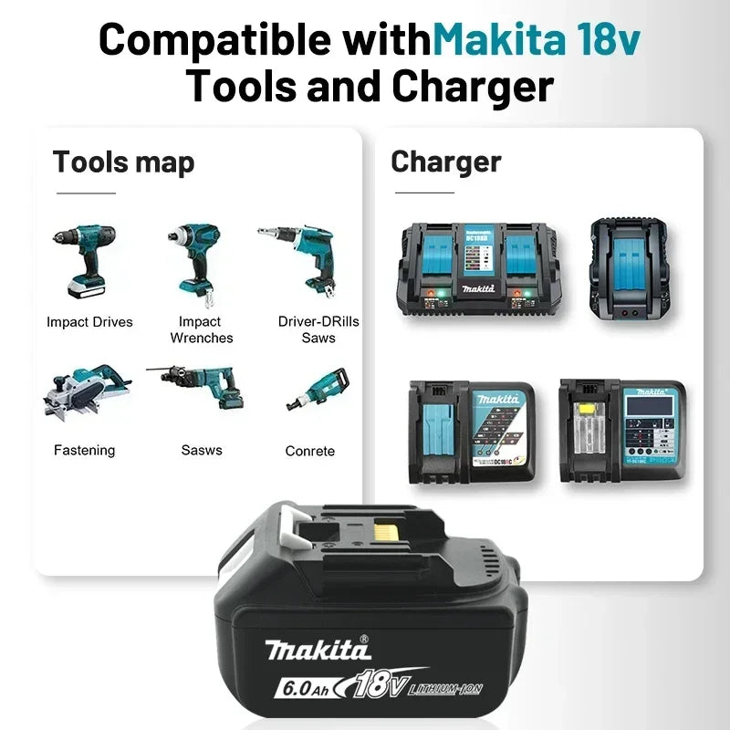 Makita 18V 6.0Ah rechargeable battery, suitable for Makita BL1840 BL1830 BL1830B BL1850 BL1850B original power tool battery
