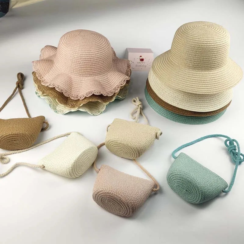 Summer Children's Straw Bag Straw Hat Cute Mini Beach Bag Boys and Girls Shoulder Crossbody Bags Small Sun Hats Kids Coin Purse