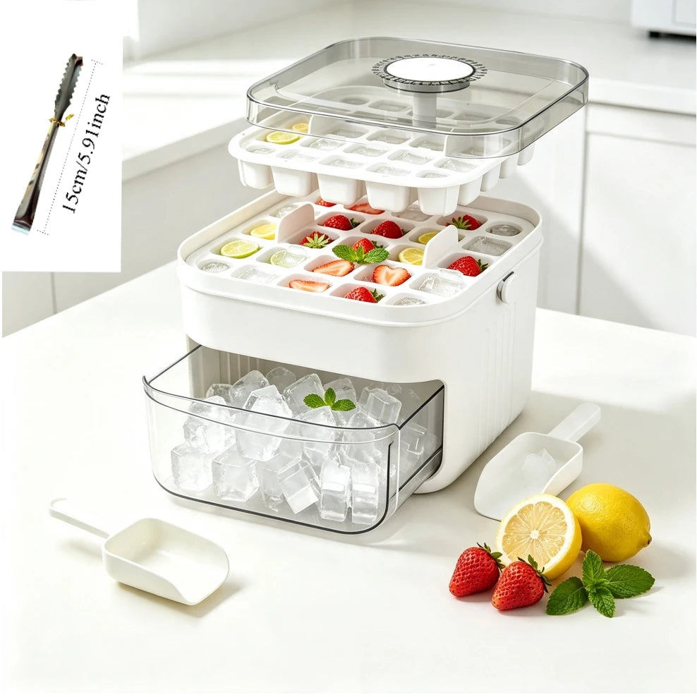 Ice Cube Tray with Lid & Bin Ice Maker for Freezer Double-layer Ice Cube Tray for Whiskey, Cocktail, Coffee Drinks, Beer