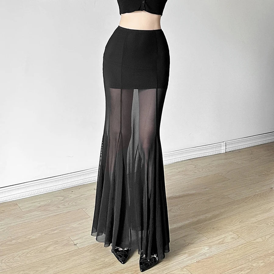 Sylcue 2024 Spring New Black Mysterious Sexy Hot All-match Trendy Personalized Women's Perspective Thin Skirt