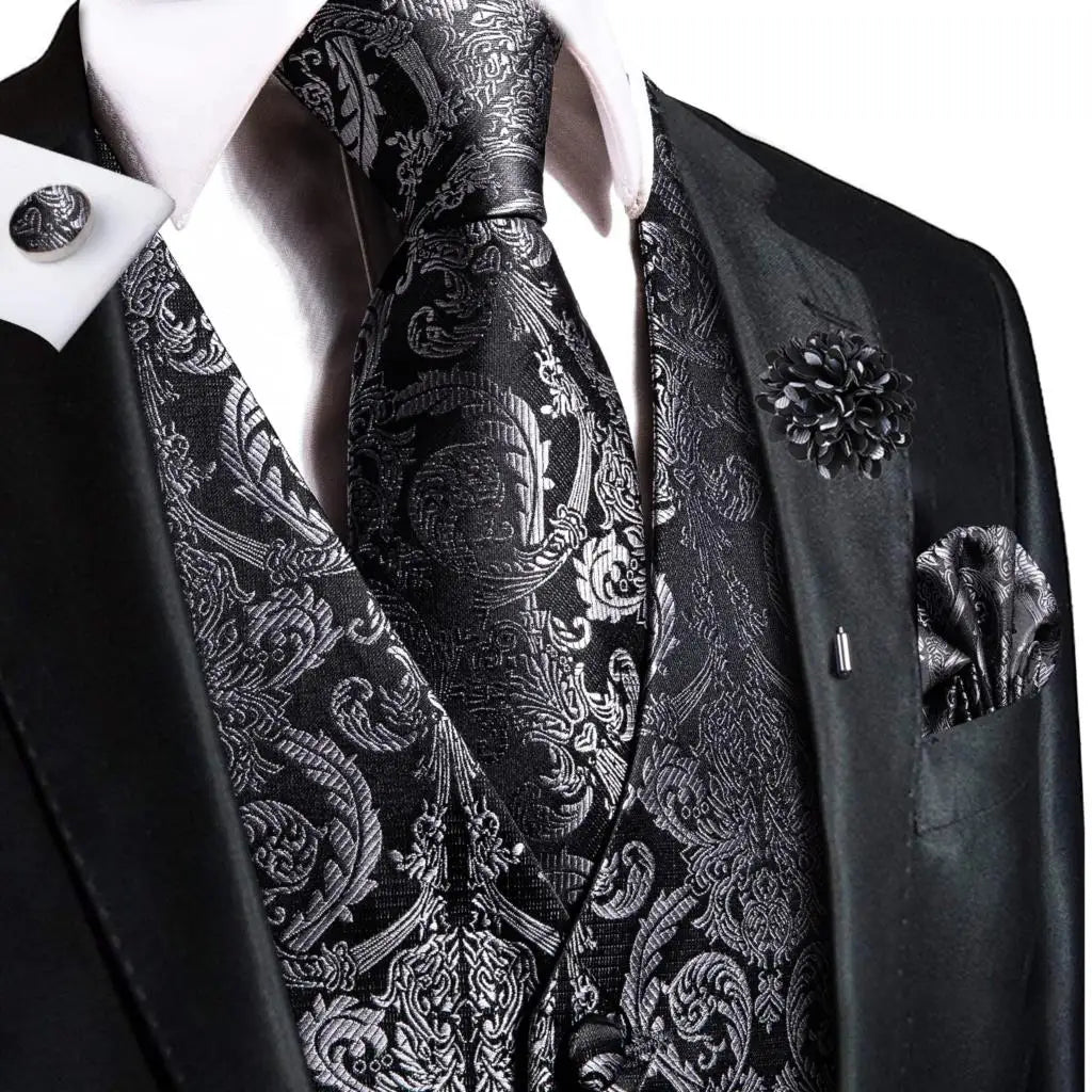 Hi-Tie High Quality Silk Mens Vests Champagne Paisley Waistcoat Neck Tie Hanky Cufflinks Brooch Set for Men Suit Wedding Office