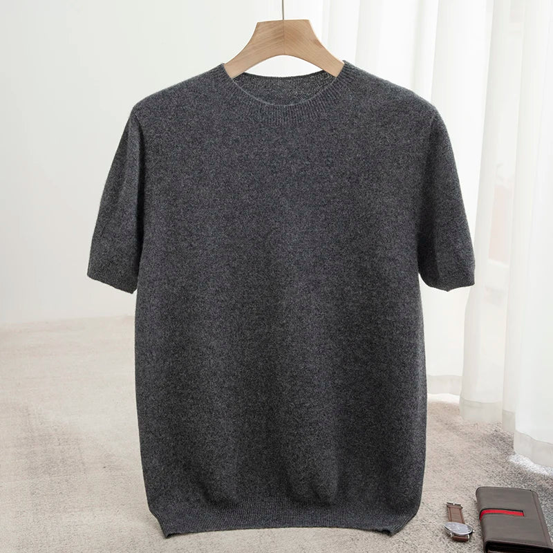 New Summer Autumn Men's 100% Merino Wool Pullover O-Neck Short Sleeve Jumper Cashmere Sweater Soft Casual Tops T Shirt