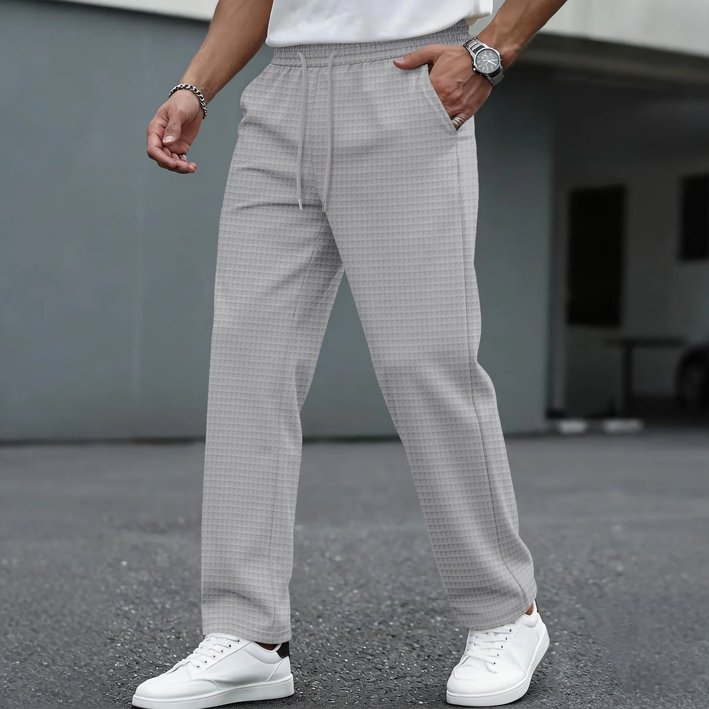 Men's Waffle Knit Casual Pants, with Elastic Waist Design, Straight-Leg Fit, Suitable for Daily Wear, for Street Style Outfits.