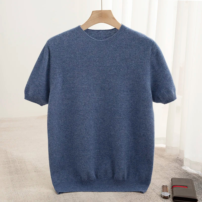 New Summer Autumn Men's 100% Merino Wool Pullover O-Neck Short Sleeve Jumper Cashmere Sweater Soft Casual Tops T Shirt