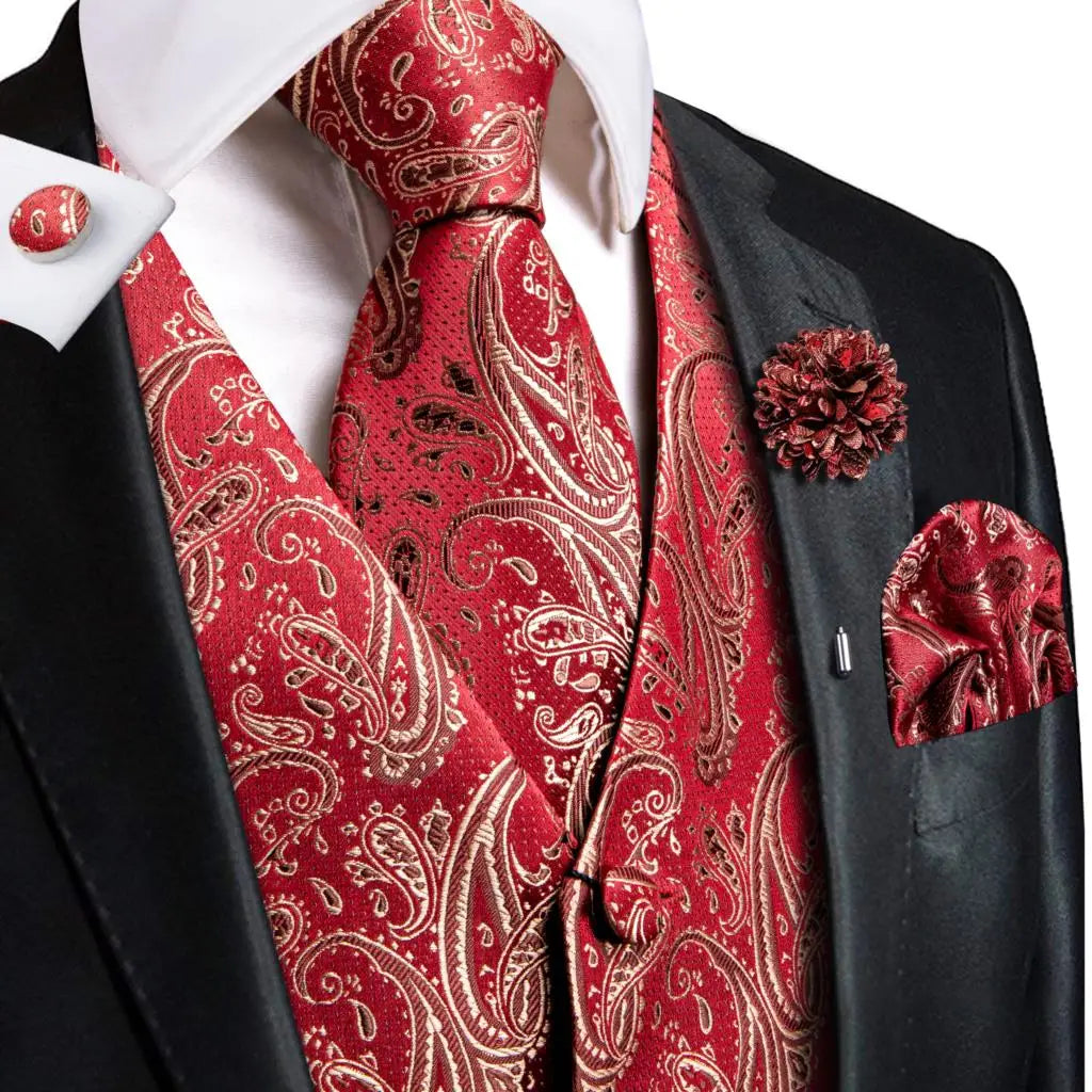 Hi-Tie High Quality Silk Mens Vests Champagne Paisley Waistcoat Neck Tie Hanky Cufflinks Brooch Set for Men Suit Wedding Office