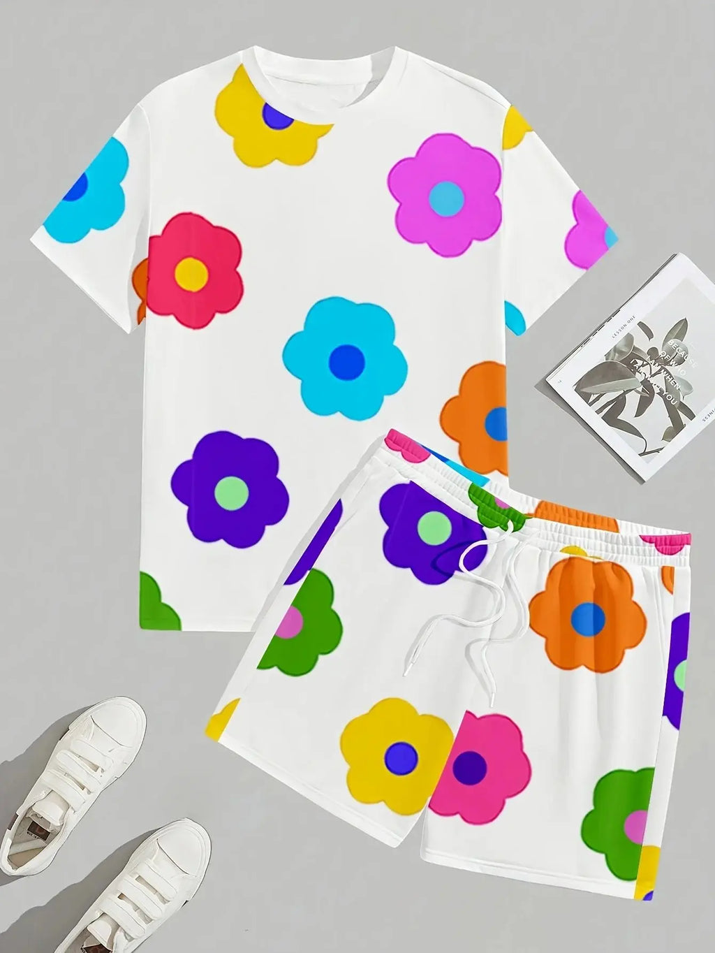 Summer 2025 new men's set with colorful flower prints, casual set with round neck, short sleeve T-shirt and shorts, summer outdo