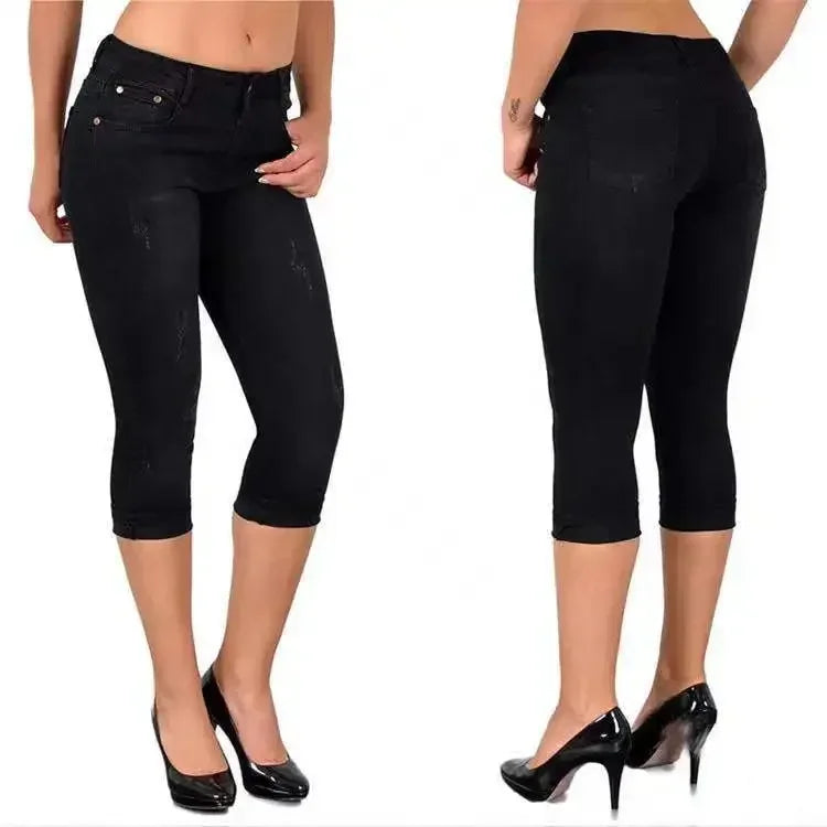2025 Women's Summer Skinny Denim Pants Jeans Mid Waist Stretch Capri Pants Knee Length Trousers Black Blue Ladies Pencil Pants