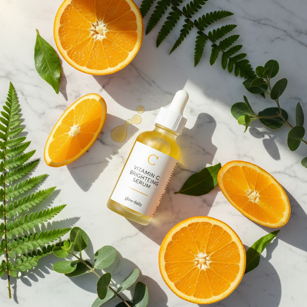 Vitamin C Brightening Serum with orange slices on marble