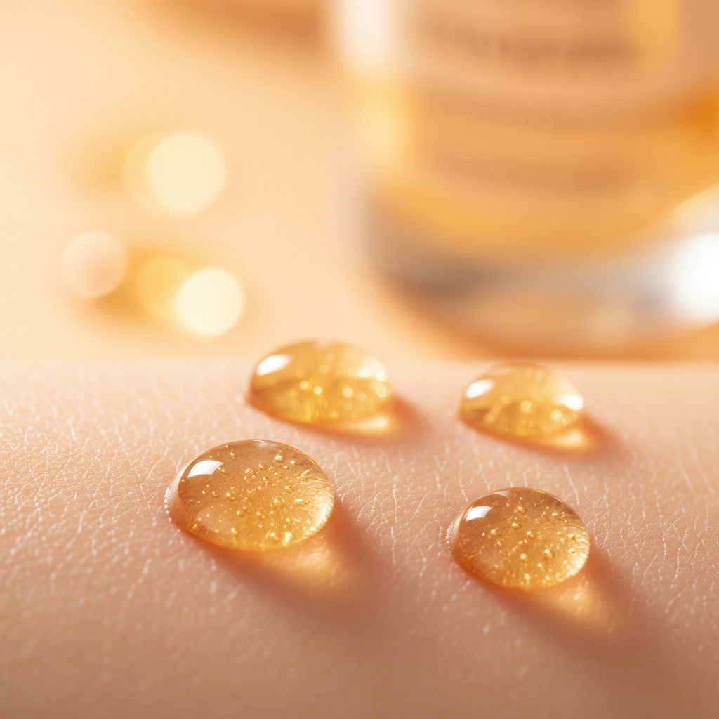Close-up of golden Vitamin C serum drops on glowing skin